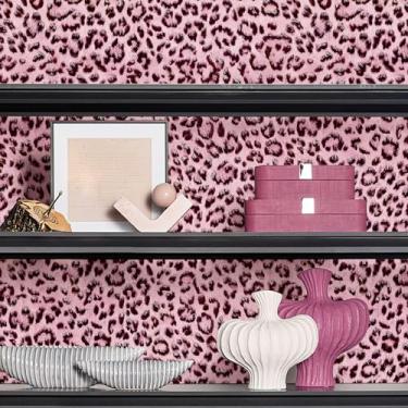 Imagem de Papel de parede com estampa de leopardo, papel de parede texturizado autoadesivo removível à prova d'água, preto e rosa, exclusivo papel de contato de chita divertido para quarto e banheiro 1200 cm x