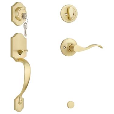 Imagem de Bonpoly Conjunto de fechadura de porta frontal dourada escovada, maçaneta da porta frontal com fechadura única, conjunto de fechadura de porta externa, maçaneta de porta de entrada resistente