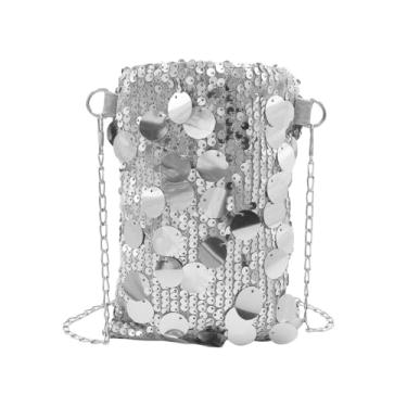 Imagem de Amamcy Bolsa tiracolo com lantejoulas brilhantes para mulheres e meninas pequena bolsa de ombro com lantejoulas bolsa de telefone linda bolsa de corrente sem fecho, Prata, One Size