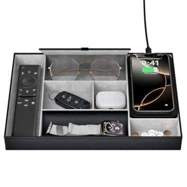 Imagem de wireless future charger Bandeja de manobrista, organizador de mesa de cabeceira, bandeja organizadora de gaveta de mesa de couro com 7 compartimentos para joias, relógio, chave, carteira, telefone,