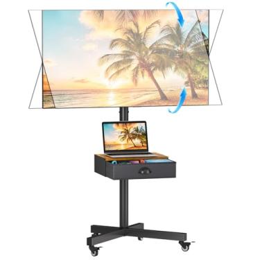 Imagem de Suporte de TV móvel com gaveta para tela plana/curva de 23 a 60 polegadas, carrinho de TV com rodinhas inclinado com altura ajustável, suporte portátil para piso de TV comporta até 22,7 kg para