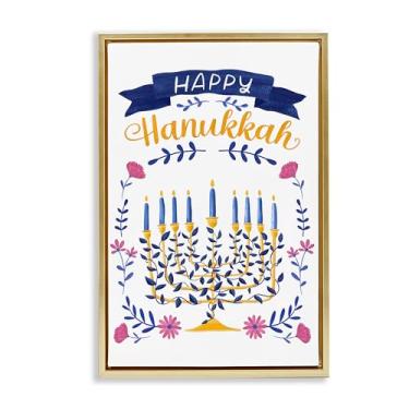 Imagem de Stupell Industries Design de arte de parede floral Menorah Happy Hanukkah com moldura dourada flutuante por JJ Design House LLC, 78 x 53 cm
