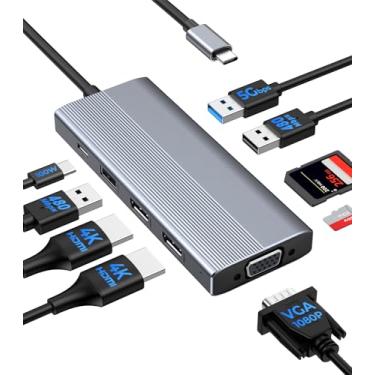 Imagem de GIISSMO Estação de ancoragem USB C, adaptador HDMI para Dell HP Lenovo, estação de ancoragem 9 em 1, 3 monitores, hub USB C com 2 portas HDMI 4K + VGA + carregamento PD de 100 W + 3 leitores de cartão