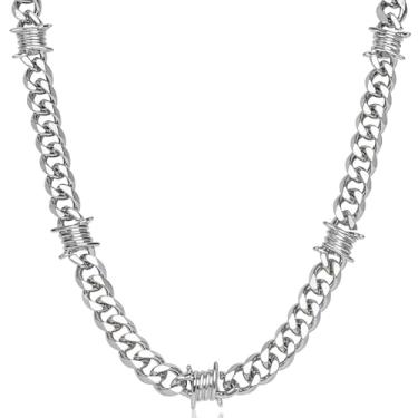 Imagem de LuxGoth Colar grosso de aço inoxidável com espinhos de arame farpado, gótico, punk rock, emoção, motociclista, cosplay, vintage, pesado, amuleto, joias, para homens e mulheres, prata GTS-N1D60001