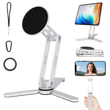Imagem de AURTEC Suporte magnético para telefone, liga de alumínio premium com rotação de 360°, dobrável e ajustável em altura, ímã forte N52 para iPhone 16 15 14 13 12, anel magnético para iPad, tablets e