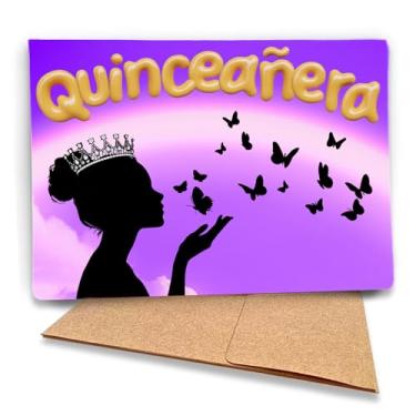 Imagem de Fava Bean Productions Cartão de aniversário de quinze anos roxo com borboletas e tiara (1 cartão premium, 12 x 17 cm, mensagem dentro) Feliz aniversário de 15 anos - 158