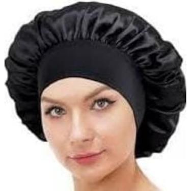 Imagem de Touca de Cetim Grande para Dormir com Faixa Larga Anti-Frizz - Gorro de Cetim com Aba Gigante, Proteção Cabelo Contra Frizz e Toque(2,preta)