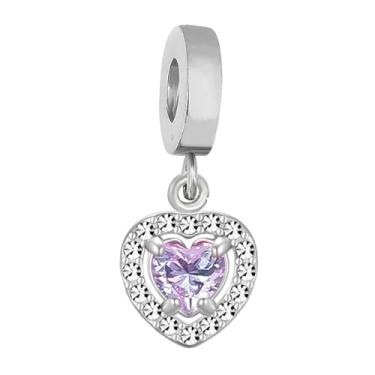 Imagem de BlingNuts Pingente de coração com pedra do mês de nascimento de aniversário de amigos, pingente de coração de cristal rosa compatível com pulseiras Pandora Charms