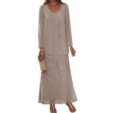 Imagem de Vestido Clothfun Taupe Chiffon Mãe da Noiva com jaqueta