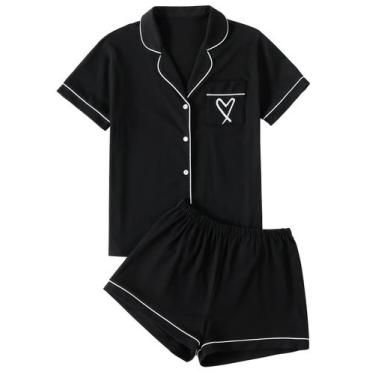 Imagem de Conjunto de pijamas LYANER para mulheres com estampa cardíaca, botão p