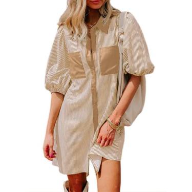 Imagem de Vestido feminino Alvaq com botões e decote em V listrado com bolsos