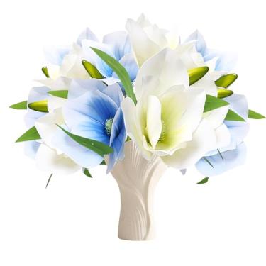 Imagem de cosybeau Ramos de flores de magnólia de seda, arranjo floral artificial, peças de decoração de casa (6, 3 brancos + 3 azuis)