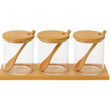 Imagem de Conjunto de 3 Potes de Vidro com Tampas de Bambu, Colheres e Base, Organizador para Condimentos