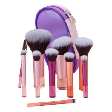 Imagem de Kit Mini Pincéis de Maquiagem 10 Peças Travel Size com Nécessaire – Cerdas Macias para Make Completa - Rosa e Roxo