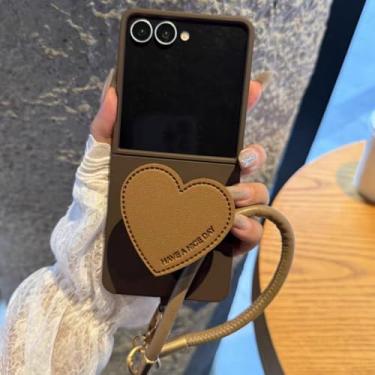 Imagem de Capa de celular com alça de pulso e suporte de coração para Samsung Z Flip6 ZFlip5 ZFlip4 3 capas de luxo, marrom escuro, para Samsung Z Flip 6