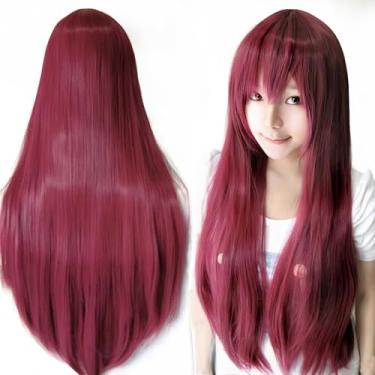 Imagem de IMISSU Perucas de cosplay de cabelo natural longo e reto com franja colorida fantasia de Halloween peruca de festa para menina (Borgonha)