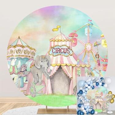 Imagem de TTQYFNM Capa de fundo redonda de 1,8 x 1,8 m de desenho animado de circo, carnaval, rosa doce, branco, barraca de circo, animais, paraíso, para decoração de festa de aniversário, faixa de fotos