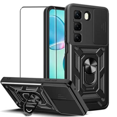 Imagem de CNPUTAO Capa para Infinix Hot 60 Pro+ 4G com protetor de tela de vidro temperado, janela deslizante para câmera, suporte, capa de telefone de camada dupla antiarranhões à prova de choque, preta