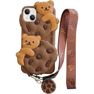 Imagem de Yatchen Capa de urso para iPhone 17 Pro, capa de celular Kawaii, com estampa de ursinho de biscoito, desenho 3D, com cordão de chaveiro, engraçado, feminino, meninas, protetor de silicone macio para