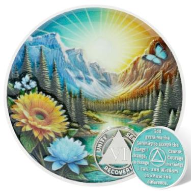 Imagem de Leafence Moeda AA Sobriedade Serenidade Oração Recuperação Chip Montanha e Natureza Design Medalhão AA Inspirador Sobriedade Token para Marcos de Recuperação (Daylight Mountain Sunrise, 6 Anos)