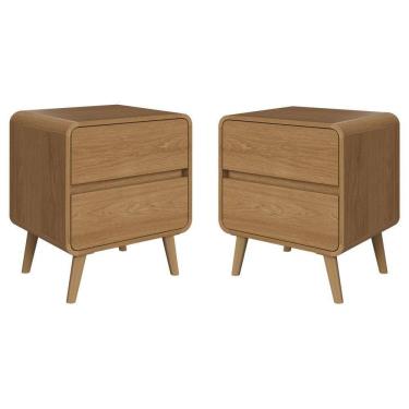 Imagem de Kit Conjunto 02 Mesas De Cabeceira Canto Curvo Com 02 Gavetas E Pés Palito Retrô Carvalho Xingu