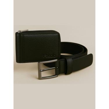 Imagem de Kit Masculino Fasolo Carteira Zíper E Cinto Couro Preto 100