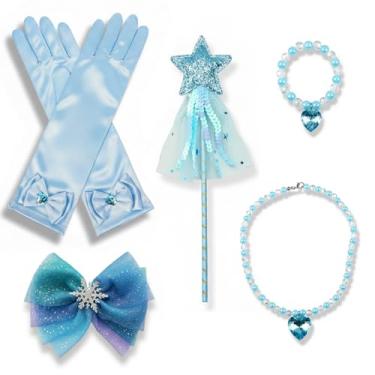 Imagem de Danvren Acessórios de fantasia de princesa para meninas, coroa, grampo de cabelo com laço, luvas, colar, pulseira para meninas de 3 a 8 anos, Azul, Tamanho Único