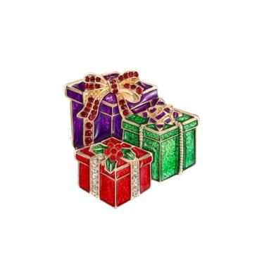 Imagem de Broche esmaltado de caixa de Natal para mulheres e homens, laço de flor de cristal brilhante, enfeite de Natal, alfinetes de lapela, elegante, vestido, chapéu, bolsa, acessórios de roupas, festival