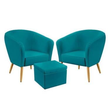 Imagem de Kit 2 Poltronas Vênus com Puff Quasar Sued Azul Turquesa Aradecor