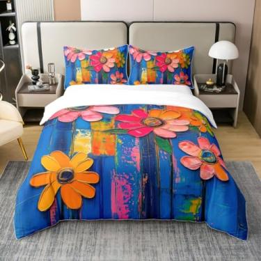 Imagem de jejeloiu Capa de edredom de flores coloridas, 100% algodão, tamanho solteiro, para meninos e meninas, pintura a óleo, floral, respirável, macia, arte abstrata, 2 peças, decoração de quarto, microfibra