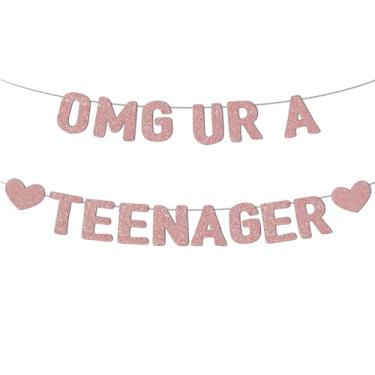 Imagem de LLMSIX Faixa OMG UR A TEENAGER, decorações de aniversário de 13 anos para meninas, decorações de aniversário de adolescentes com glitter ouro rosa para 13 anos de idade suprimentos de lembrancinhas de