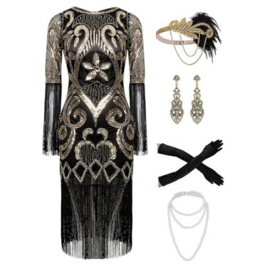 Imagem de RED DOT BOUTIQUE 870A - Vestido de festa melindrosa vintage anos 1920 com franjas Gatsby Paisley lantejoulas borla melindrosa coquetel com acessórios (preto dourado paisley, 2X)