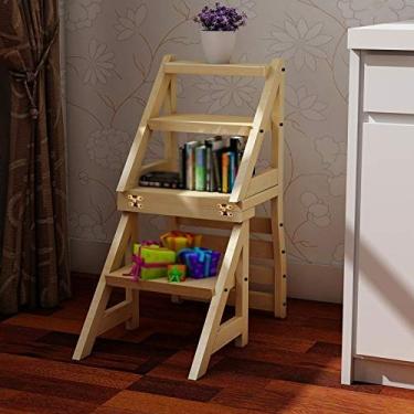 Imagem de LXB Banqueta dobrável fácil e multifuncional, conveniente, para casa, elegante, simples, escada dobrável para uso doméstico, cadeira de madeira maciça, banco de escada de quatro degraus, banco de