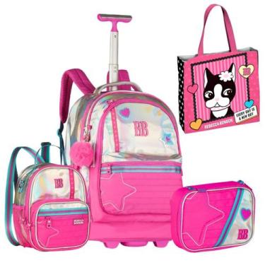 Imagem de Kit Mochila De Rodinhas Com Lancheira Holográfica Estojo Box E Eco Bag