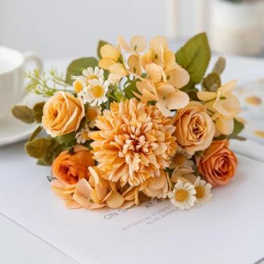 Imagem de 1 peça de flores artificiais para casamento, decoração de quarto, buquê de noiva, jardim, rosas de seda falsas, hortênsias, vaso, placa, ar livre, faça você mesmo (1 peça/amarelo)
