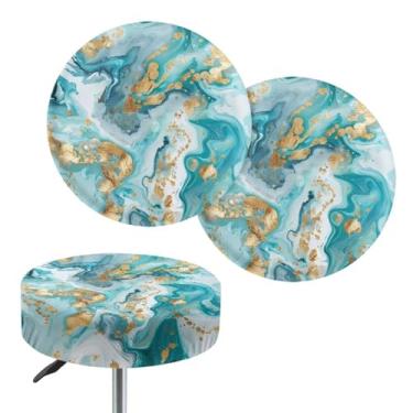 Imagem de Wanyint Capa de banco de bar dourada azul-petróleo mármore para ambientes externos, ambientes internos, pacote com 2 capas de assento redondas de 35,5 a 40,6 cm, capas de almofada para cadeira