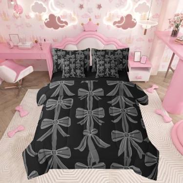 Imagem de Feelyou Jogo de cama King com laço preto e laço de princesa sonhadora, 7 peças, para decoração de quarto de meninos e meninas, conjunto de cama kawaii com laço fofo em uma bolsa, conjunto de cama com