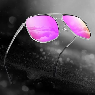 Imagem de Óculos de sol aviador polarizados para homens e mulheres, óculos de sol masculino com armação de metal polarizado para dirigir e pescar, Prata/roxo