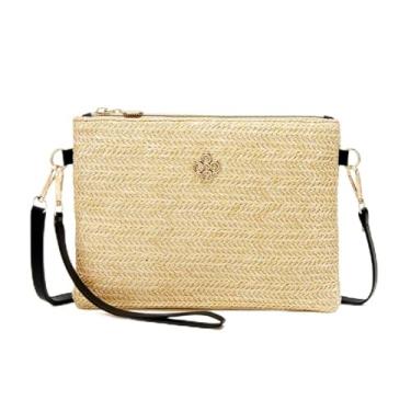 Imagem de Bolsa feminina de palha boho verão praia bolsa de palha com zíper carteiras para mulheres bolsa transversal com alça removível, Preto