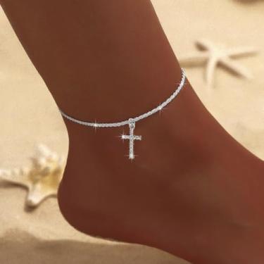 Imagem de Tornozeleira feminina prateada delicada com glitter em camadas com pingente de cruz simples e pequena tornozeleira com clipe de papel empilhável tornozeleira com elos frisados, joias de praia de verão