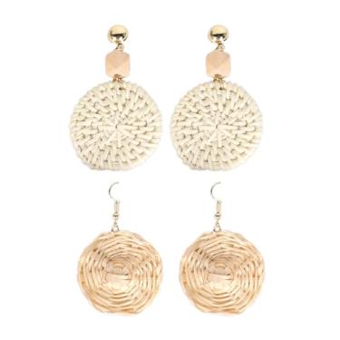 Imagem de 2 pares de brincos de chapéu de ratã, brincos de borla boho, itens essenciais de praia, brincos de palha para mulheres
