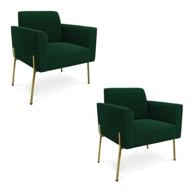 Imagem de Poltrona Sala Estar Pé Ferro Dourado Kit 2 Marisa Bouclê Verde D03 - D'rossi