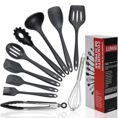 Imagem de LUMAI Kit 10 Utensílios de Cozinha em Silicone e Aço Inox, Resistentes ao Calor e Antirriscos, Não Arranham Panelas, Conjunto Acessórios de Cozinha Completo com Espátula, Pegador, Concha, Colher Preto