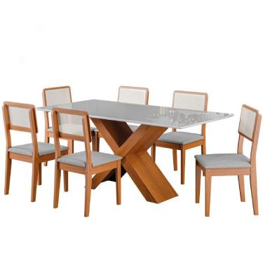 Imagem de Conjunto De Mesa Sala De Jantar Tampo Com Vidro 1,80m Grécia 6 Cadeiras Santiago Dobuê Madeirado / Cinza