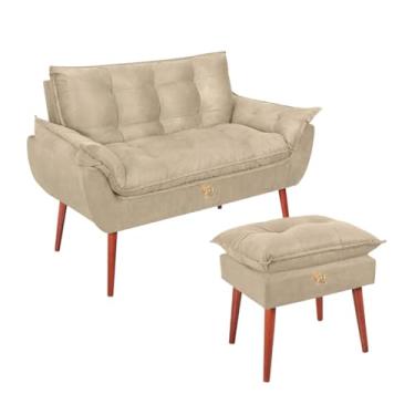 Imagem de Kit Namoradeira Opala 2 Lugares + Puff Suede Retrô - Sofá Compacto e Banco Pés Madeira Maciça - Conforto para Sala Estar/Quarto (VIT DECOR) (Bege)