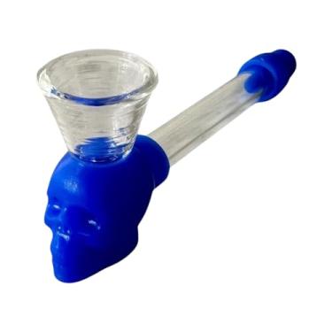 Imagem de Pipe MD Cachimbo Caveira Bowl Hibrido Vidro com Silicone Portátil Desmontável e Durável Ergonomico (AZUL)