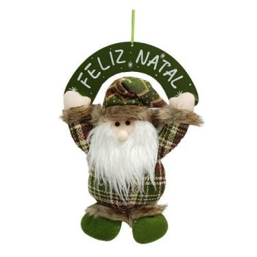 Imagem de Guirlanda Placa Feliz Natal Madeira Papai Noel Decorativo Pelúcia Verd