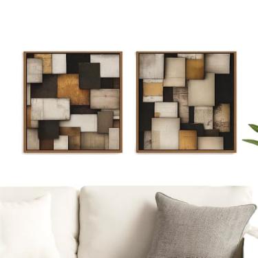 Imagem de Kit 2 Quadros Decorativos Abstratos Geométricos 30x30 cm com Moldura Dourada – Tons Neutros e Dourados