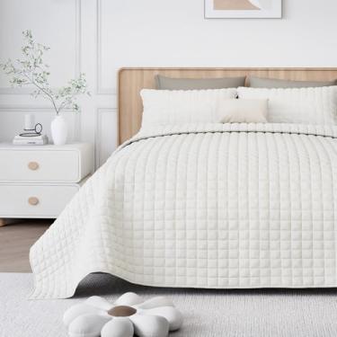 Imagem de WSOFRLAC Conjunto de colcha tamanho Queen, conjunto de edredom de veludo luxuoso com fronhas, colcha macia e leve para todas as estações, branco creme