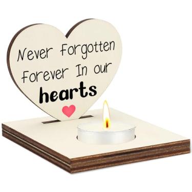 Imagem de Castiçal memorial Never Forgotten Forever in Our Hearts, suporte de luz de chá de madeira, presente de luto de simpatia para a perda de um ente querido, decoração de casa em memória amorosa, exibição